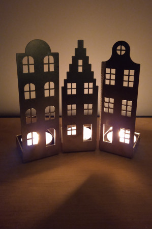 Waxinelichtjes Drie huisjes set  RVS  CD-062