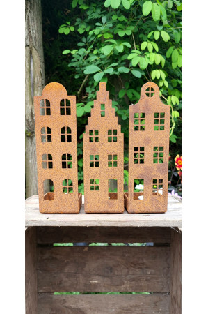 Waxinelichtjes Drie huisjes set  CorTenstaal  (Roest)  CD-054