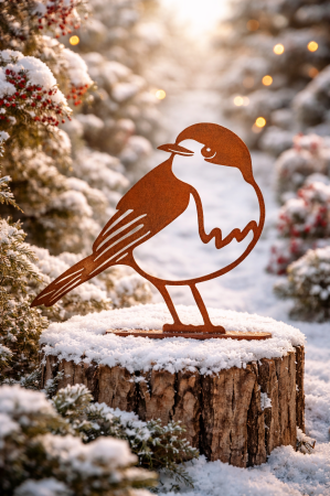  Roodborstje Robin op voetje Cortenstaal (Roest)  CD-023   (Oeps even uitgevlogen maar snel weer op het nestje)