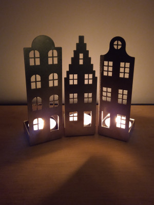 Waxinelichtjes Drie huisjes set  RVS  CD-062