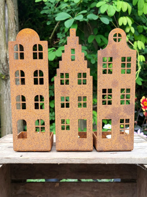 Waxinelichtjes Drie huisjes set  CorTenstaal  (Roest)  CD-054