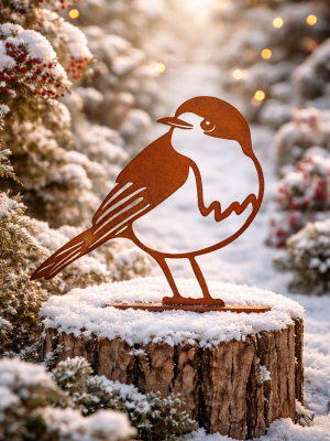  Roodborstje Robin op voetje Cortenstaal (Roest)  CD-023   (Oeps even uitgevlogen maar snel weer op het nestje)